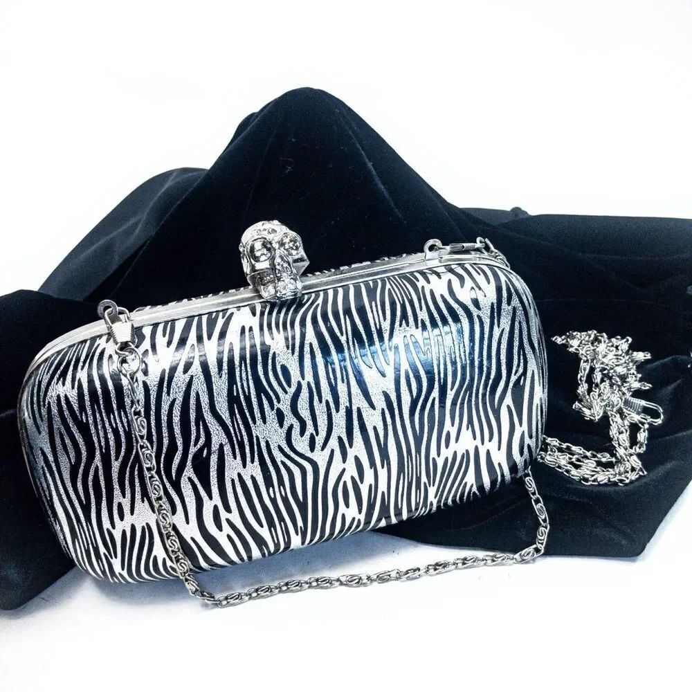 Kate Landry Silver Skull Zebra Hardshell Clutch Evening Bag